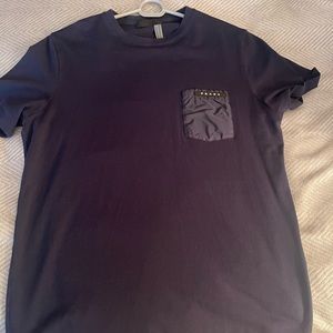 Prada navy blue cotton pocket and shoulder patch detail t shirt small